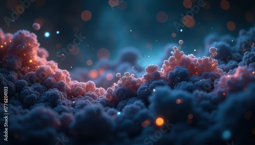 Abstract close-up of glowing molecular-like clusters and particles in neon blue and coral tones, resembling a microscopic biofilm or surreal cloudscape with bokeh lighting.