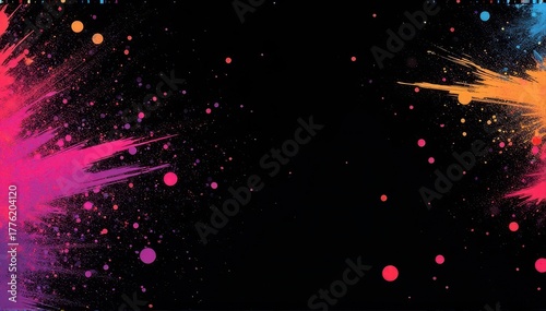 Black background with vivid neon paint splashes and splatters in pink, orange, and blue, creating a dynamic modern abstract art backdrop.