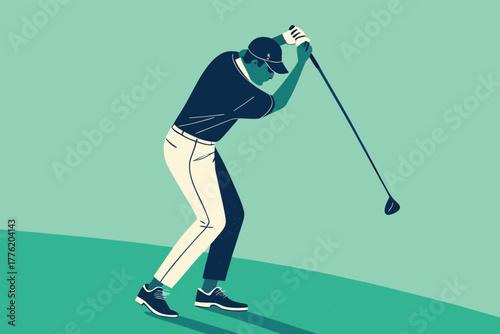 Golfer perfecting pre-swing setup, focus, concentration, precise movement, side-profile, golf course, sunny day, athletic stance, professional player.