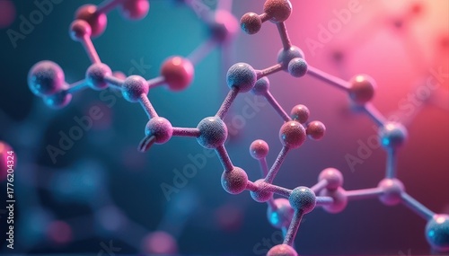 Colorful 3D rendering of an interconnected molecular structure showing atoms and bonds in vibrant blue and pink lighting.