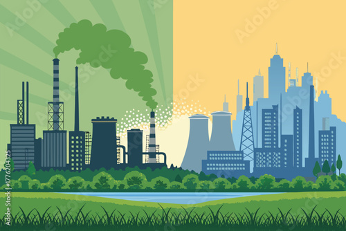 Eco city contrasts with industrial pollution.