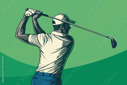 A golfer from behind, poised to strike a golf ball on a lush green fairway, captured mid-backswing.