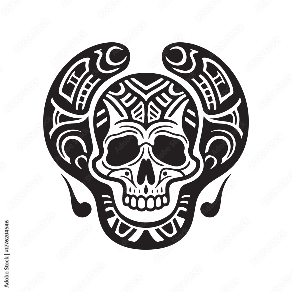 Fototapeta premium Bold Haida Tribal Skull Illustration Featuring Symmetrical Formlines in Silhouette On White Background. 