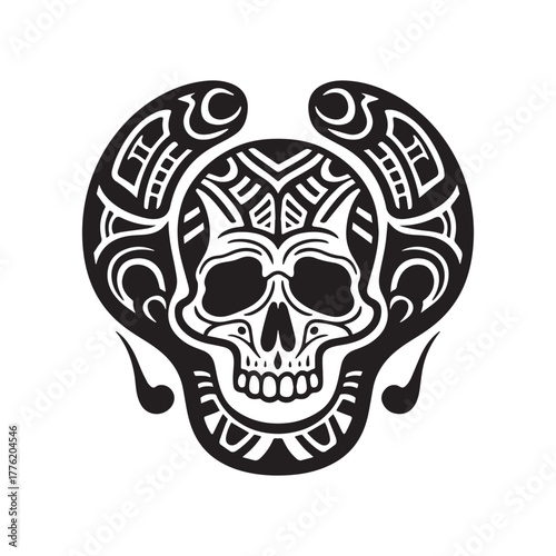 Bold Haida Tribal Skull Illustration Featuring Symmetrical Formlines in Silhouette On White Background. 