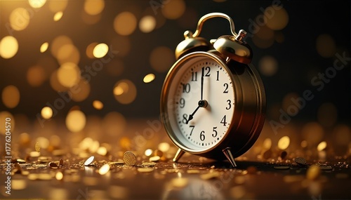 Vintage brass alarm clock on a reflective surface with golden bokeh, glitter, and confetti suggesting a festive countdown and warm celebratory mood.