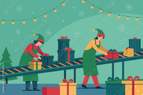 Elf workshop with conveyor belts and gifts, flat style.