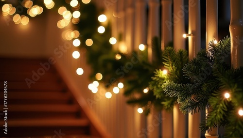 Close-up of a staircase banister decorated with evergreen garland and warm bokeh string lights, creating a cozy festive holiday atmosphere.