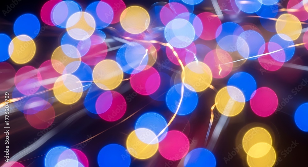 Naklejka premium Vibrant bokeh lights create a festive, energetic atmosphere perfect for celebrations, parties, and holiday themes, evoking joy and excitement