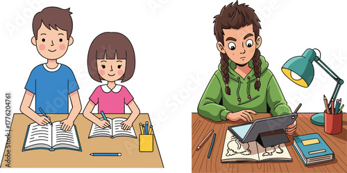 Vector illustration of children studying at home, doing homework, writing in notebooks, using tablet, digital learning, education, schoolwork, teamwork