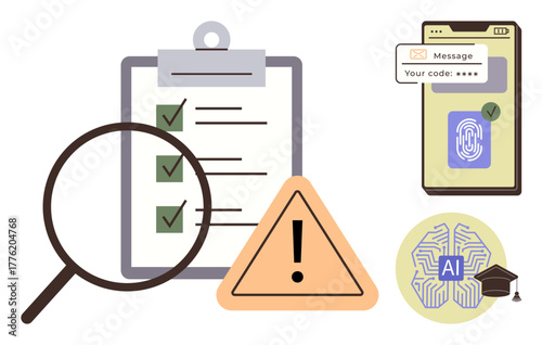 Magnifying glass over checklist, alert triangle, smartphone with message and fingerprint, AI chip. Ideal for authentication, security, technology, verification, risk AI ethics and accuracy