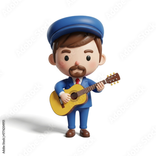 A charming cartoon man with a mustache wearing a blue cap and suit, playing an acoustic guitar.