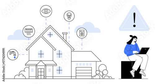 Connected house with automation icons and a person using a laptop. Ideal for smart home, IoT, technology, safety, remote management, innovation, energy efficiency. Simple flat metaphor
