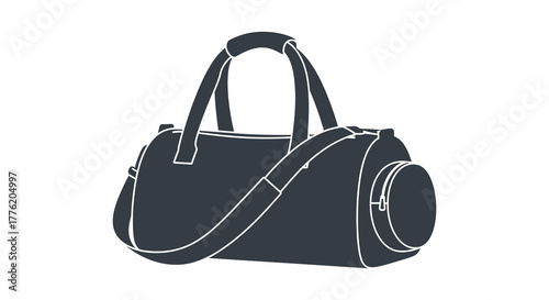 Stylish dark blue duffel bag with shoulder strap and handles for gym or travel on a white background