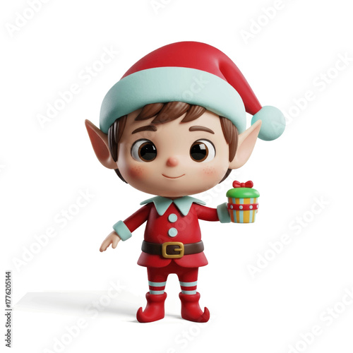 A cute 3D cartoon Christmas elf character in a red suit holding a small gift, isolated on a white background.