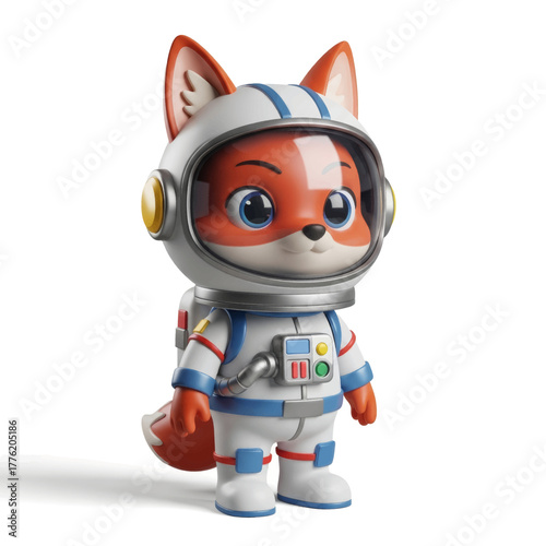 A cute cartoon fox character dressed as an astronaut in a white spacesuit and helmet, standing against a clean white background.