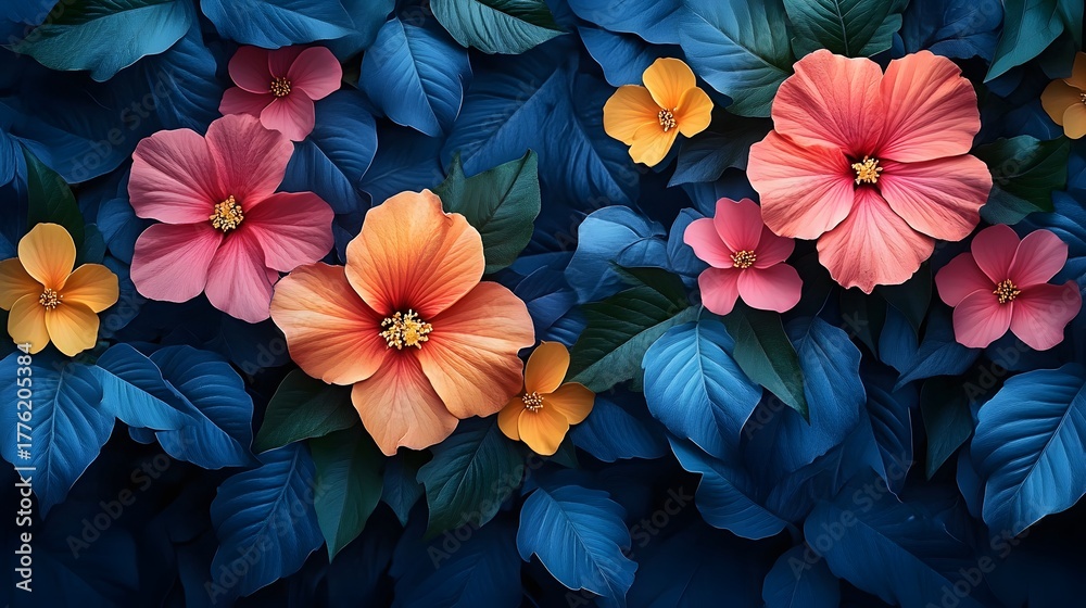 Obraz premium Vivid floral design showcases an array of blooms in shades of pink, orange, and yellow, set against a backdrop of deep blue leaves, creating a rich and captivating botanical scene.