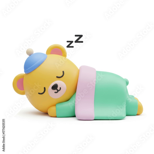 Sleeping cartoon bear with blue nightcap and green blanket.