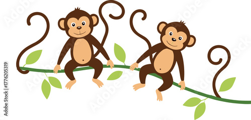 Cartoon monkeys, jungle vine, playful animals, cute primates, tropical leaves, children’s art, happy wildlife, fun illustration, nature scene, swinging tails