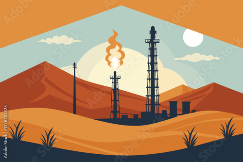 Gas flaring site in a desolate desert landscape.