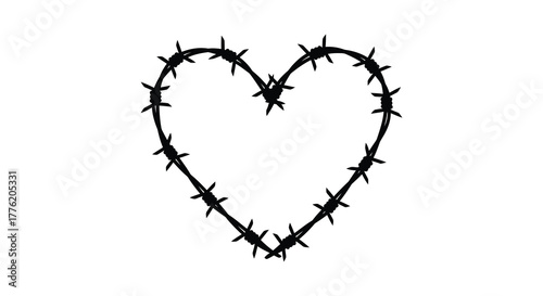 A stark black silhouette of a heart shape formed from barbed wire against a clean white background