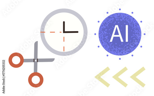 Scissors cutting a clock graphic with AI in a blue circle and yellow angle brackets. Ideal for time management, artificial intelligence, innovation, creativity, productivity, software, workflow