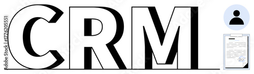 CRM lettering with a user icon and a signed document. Ideal for business, customer service, data management, organization, teamwork, communication, and digital strategies. Simple flat metaphor