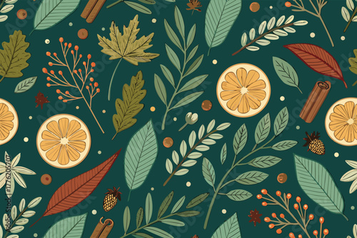 Seamless pattern of autumn herbal tea herbs and leaves.