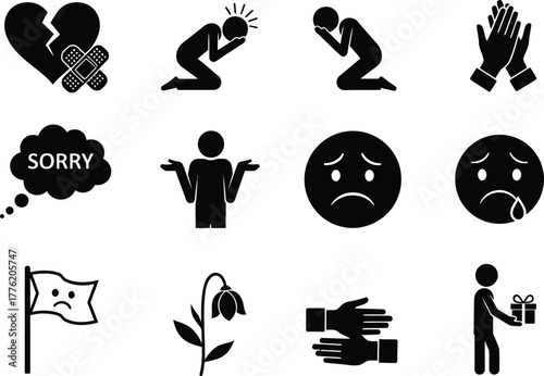 Collection of sadness and apology icons showing broken heart sorry face sadness grief and forgiveness