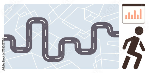 Curved road extending over map background, bar graph in window, running figure in motion. Ideal for journey, progress, fitness, challenges, planning navigation analytics. Simple flat metaphor