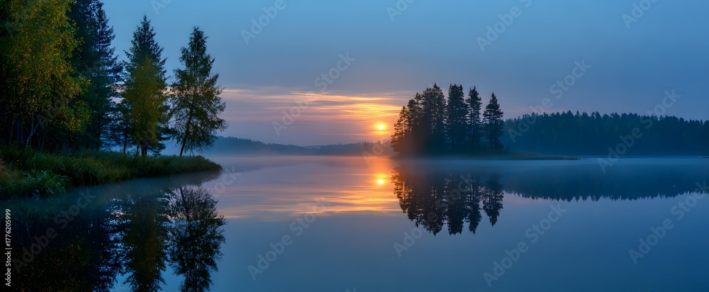 Obraz premium A peaceful sunrise lights up a quiet lake with mist and mirrored trees.