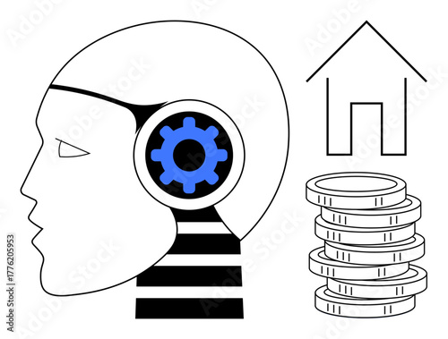 Side profile of robotic head with visible gear inside, outlining technology and innovation. Features house icon and coin stacks symbolizing finance, wealth, and home concepts. Ideal for tech