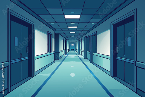 A sterile hospital hallway, perspective shot, with a soft, ethereal glowing floor light guiding the way, creating an atmosphere of hope and sterile futuristic technology.