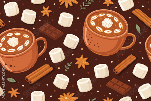 Cozy seamless pattern of hot chocolate mugs and marshmallows.