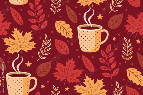 Hot coffee mugs with steam and autumn leaves.