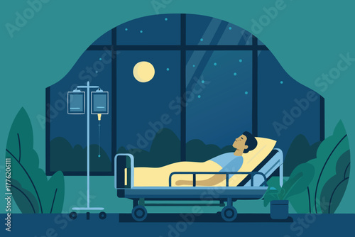 Eerie hospital ward at night, monitors glow with data, silent, empty beds, sterile, somber atmosphere.