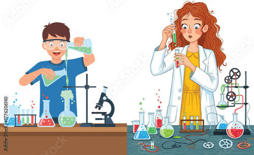Young scientists experimenting in laboratory with colorful chemical solutions, test tubes, beakers, microscope, teamwork, innovation, research, discovery, education, curiosity