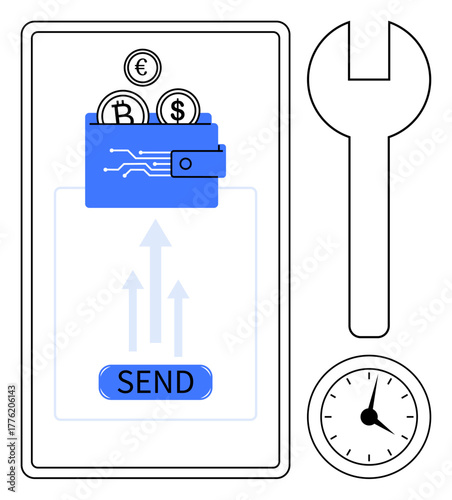 Wallet with euro, dollar, bitcoin coins, arrows indicating fund transfer, wrench, and clock. Ideal for fintech, cryptocurrency, transactions technology time management tools digital solutions