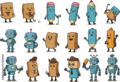 Cartoon school supply characters, cute pencil eraser paper robot set, educational clipart for kids, fun classroom mascot illustrations, vector art