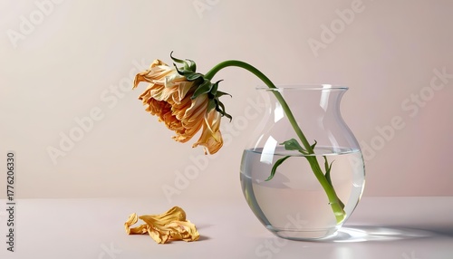 a wilted flower in a glass vase with water