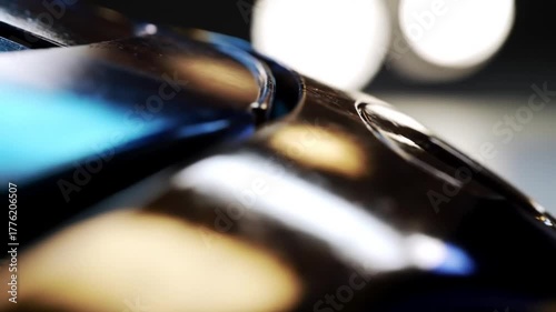 Extreme close-up of a modern car's glossy, aerodynamic bodywork with reflections.
