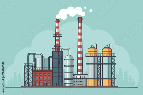 Industrial refinery with multiple smoking emission stacks.