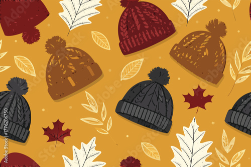 Seamless pattern of knitted beanies with leaf motifs.