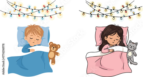 Children sleeping peacefully in cozy bedroom with plush toys, warm blankets, decorative lights, nighttime comfort, relaxation, innocence, childhood dreams, and rest