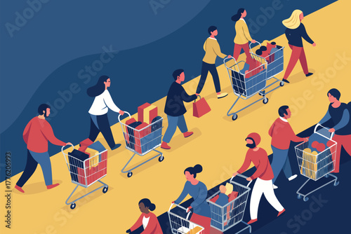 A long queue of diverse shoppers with full shopping carts patiently wait, extending far back within a bustling retail store.