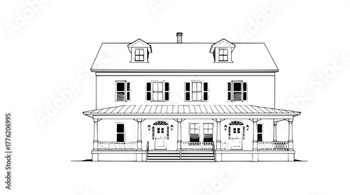 Colonial Revival Duplex — A frontal, symmetrical architectural illustration in black ink, showing a Colonial-style two-family house with matching front porches, shutters, and dormers; minimalist line 