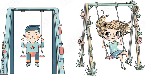 Children swinging on playground illustration showing boy on modern metal swing and girl on rustic floral swing, playful outdoor activity vector