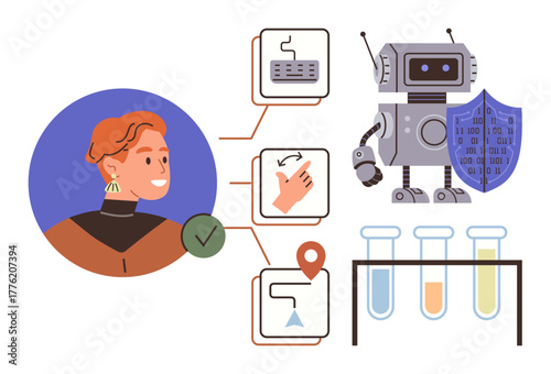 Person interacting with AI and robotic systems flowcharts, shield, test tubes, and automation elements. Ideal for technology, AI, innovation, security research teamwork automation. Simple flat