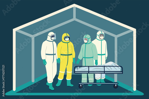 Medical team in hazmat suits working in a sterile isolation room, handling biohazard.