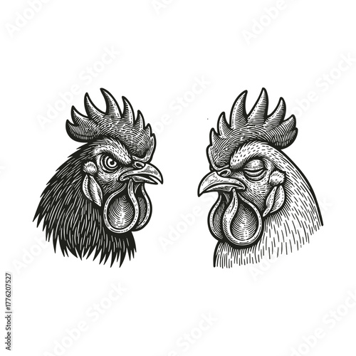 Chicken, Hen, Rooster vector illustration, isolated black and white art