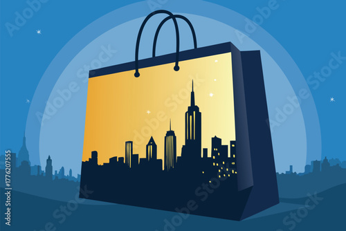 Envision a towering mega shopping bag cityscape at dusk, casting a dramatic silhouette against the vibrant urban skyline, hinting at consumerism's grand scale.
